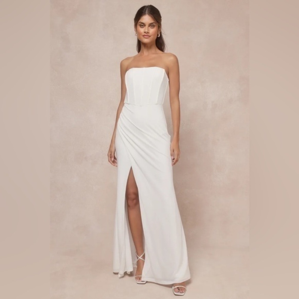 LULU’S BEAUTIFUL GRACE MESH STRAPLESS BUSTIER TULIP MAXI DRESS